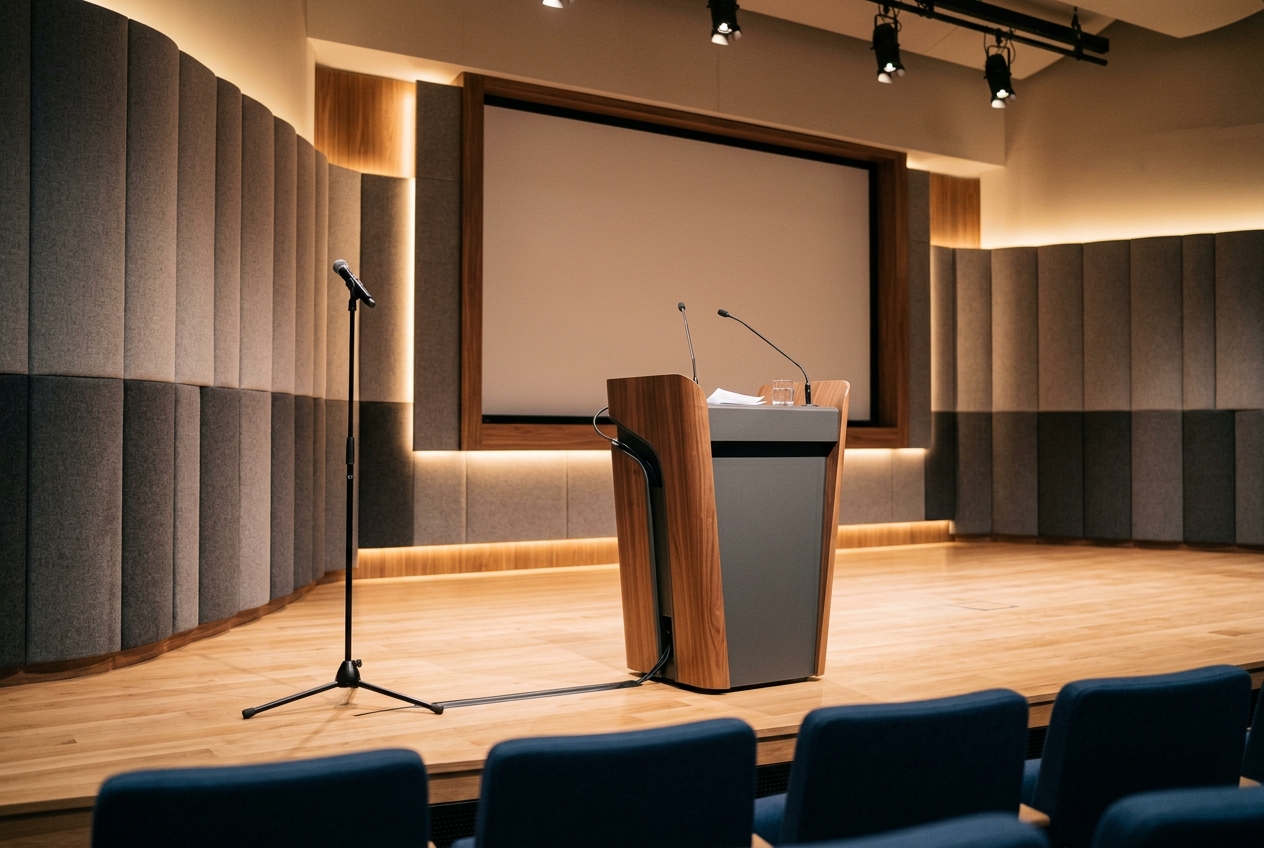 Acoustic wall panels and speaker podiums for auditoriums