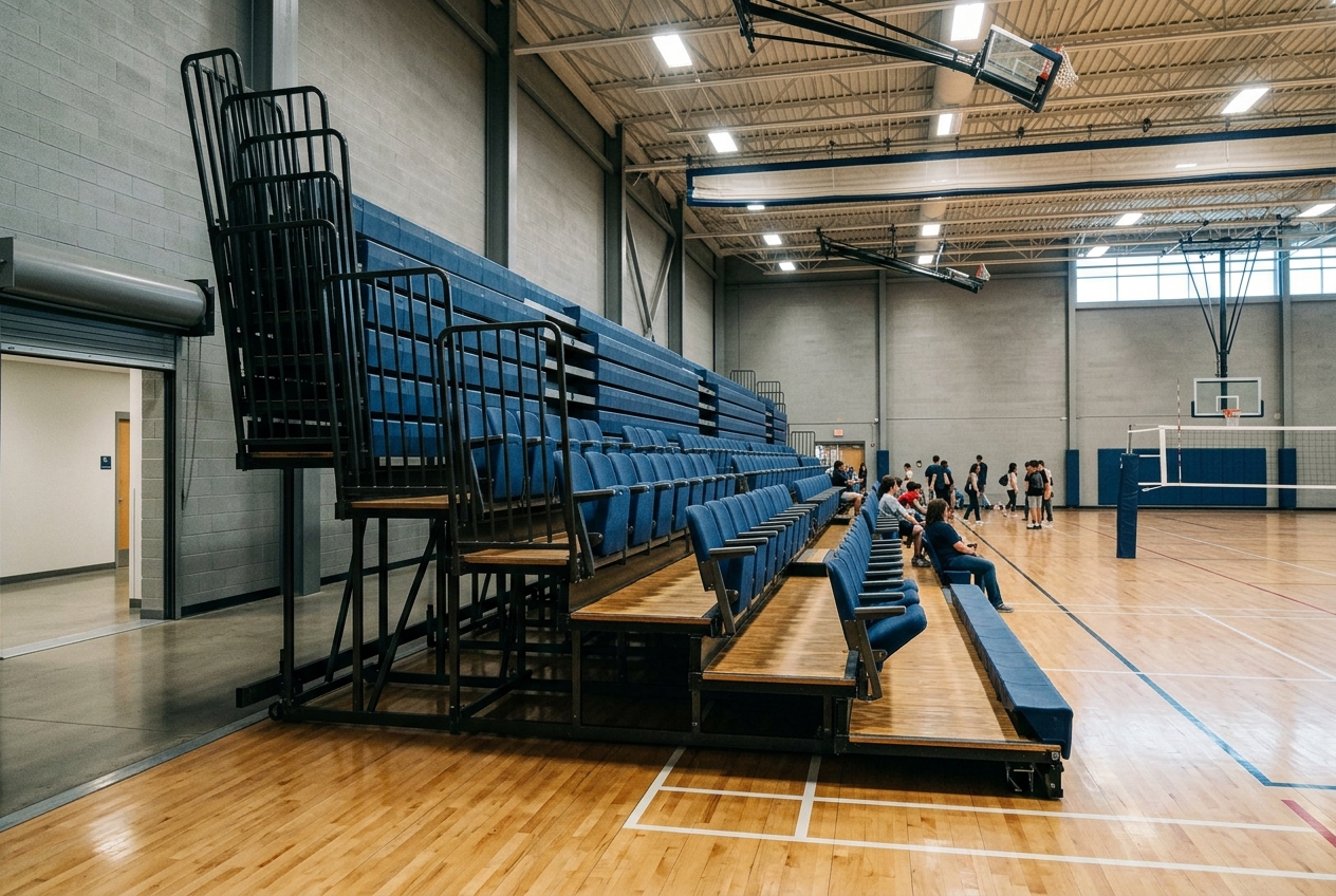 Retractable bleacher seating for multi-purpose halls