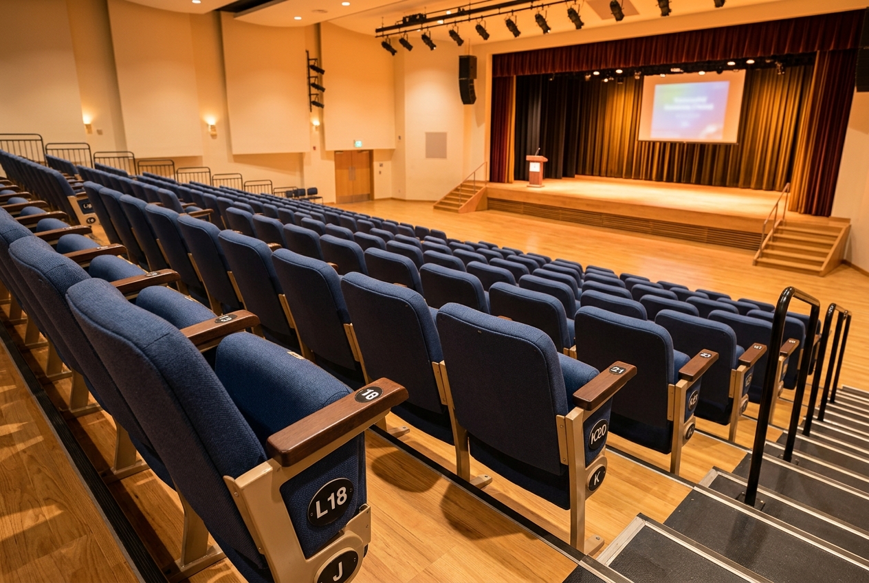 School auditorium with tiered seating and stage