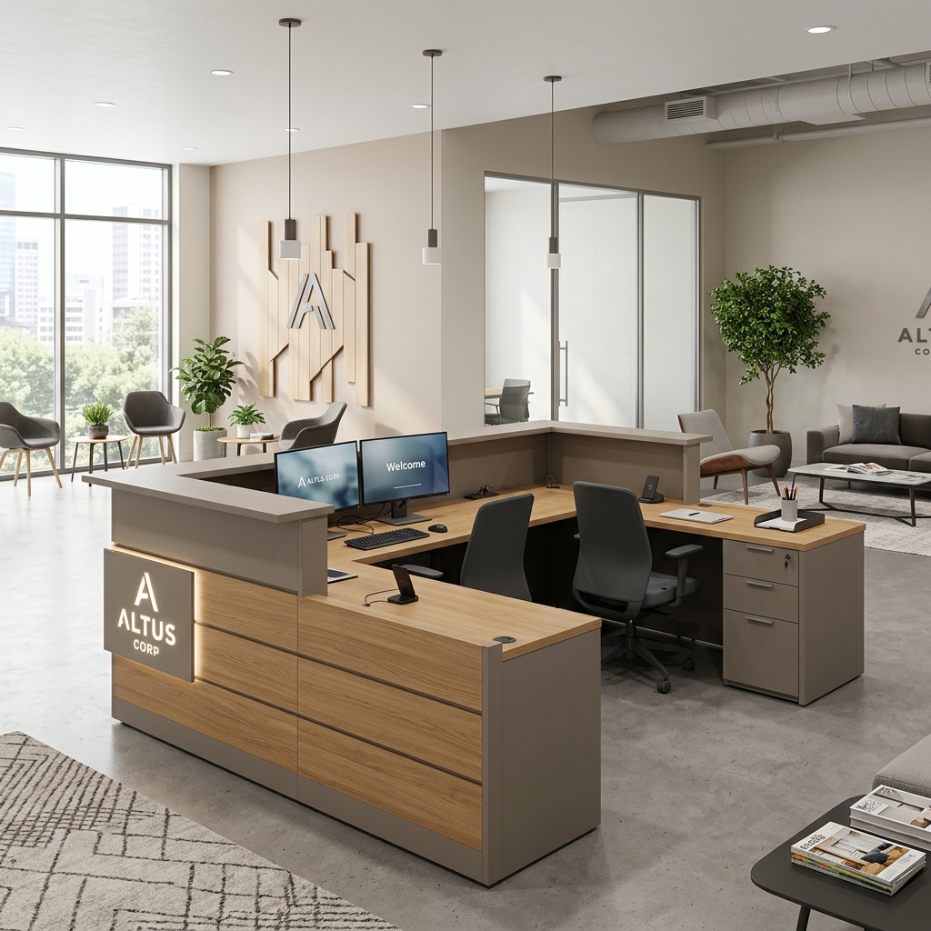 L-shaped corporate reception desk with two workstations, dual monitors, front panel, and adjacent waiting area