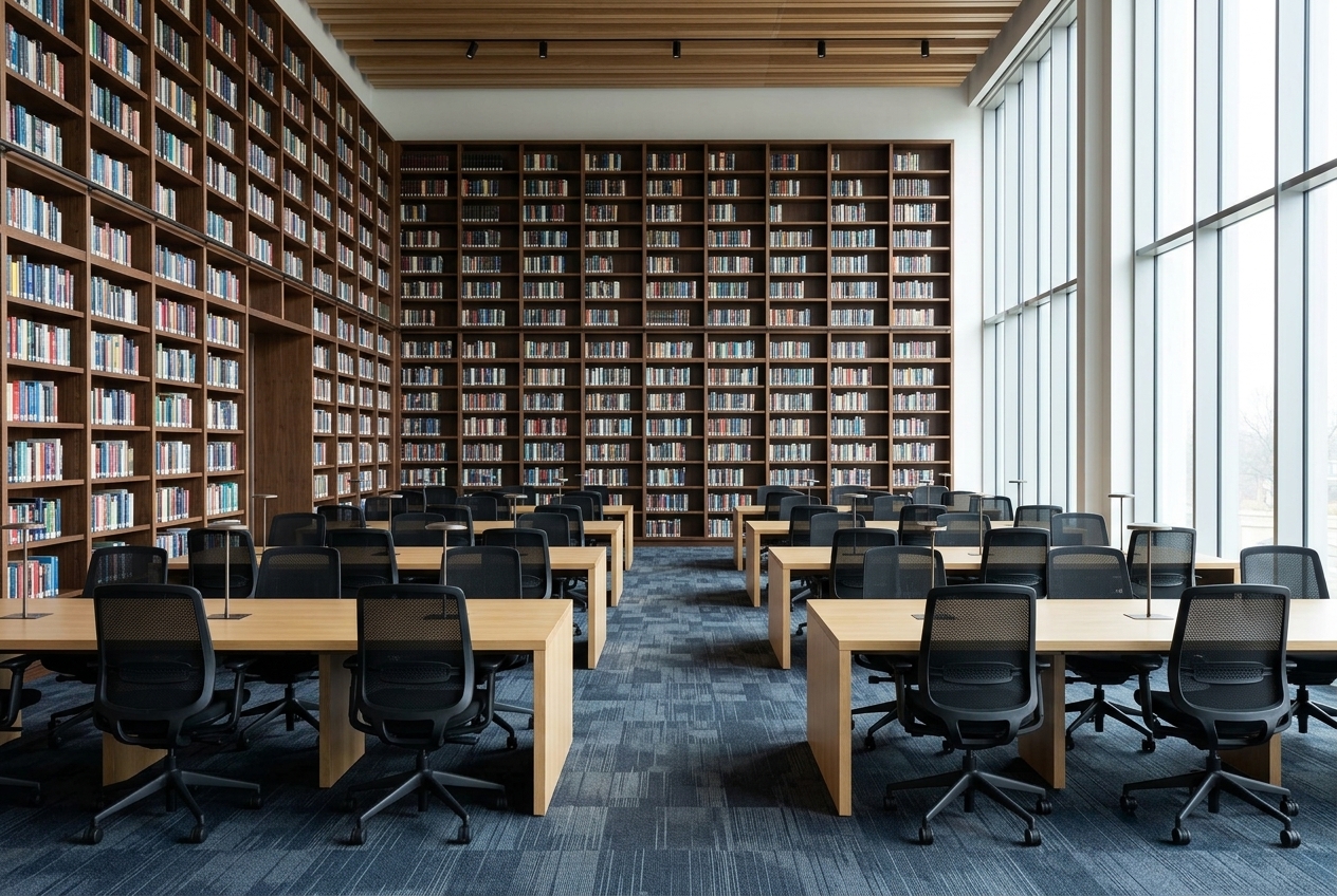 Academic library furnished with heavy-duty bookshelves and reading tables by Nikshoo