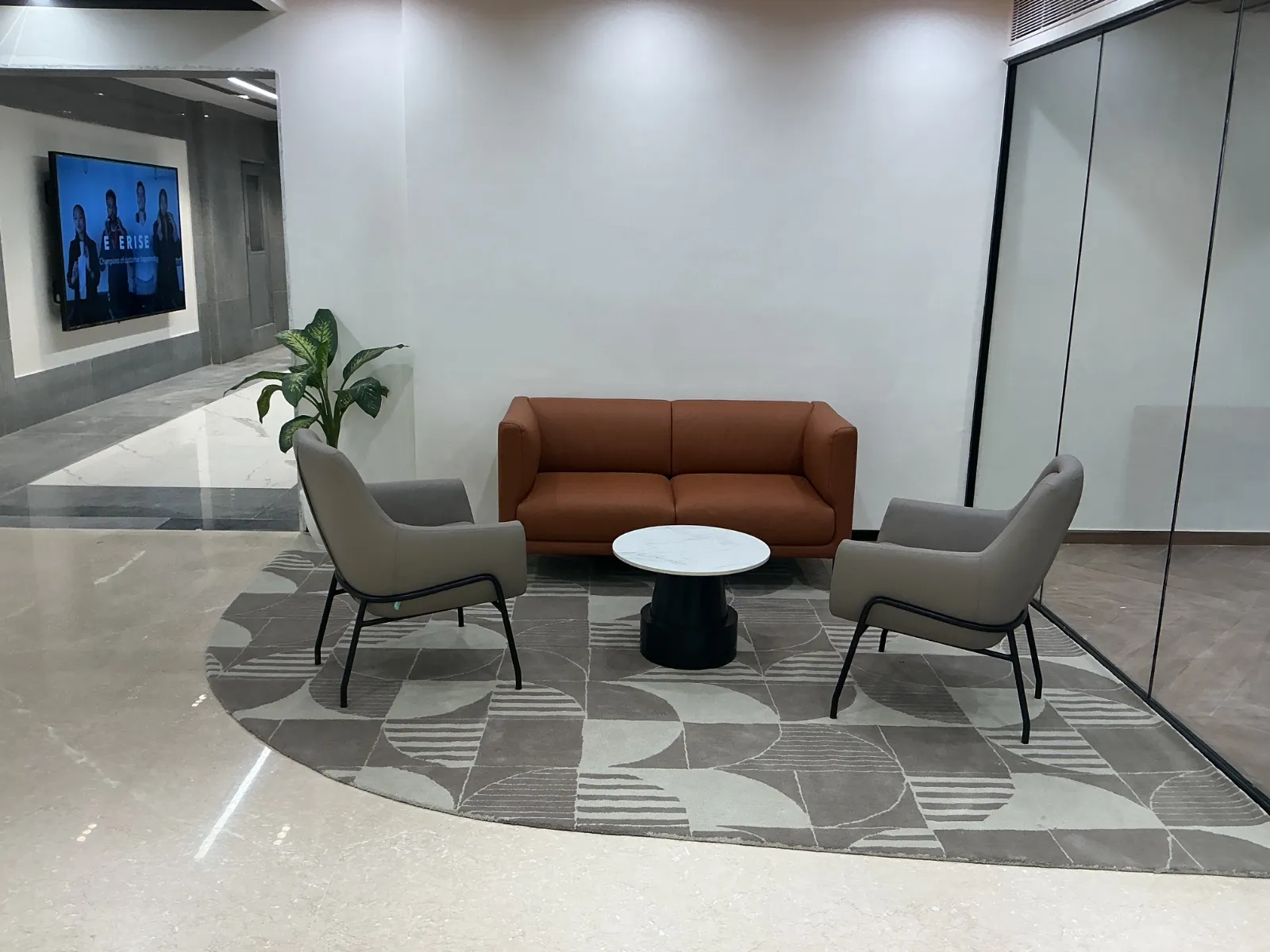 Corporate lobby with leather sofa