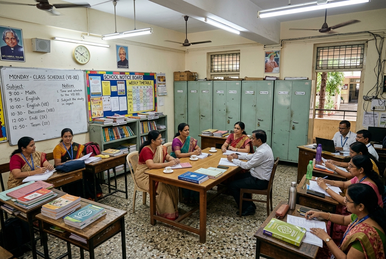 Modern school staff room with workstations, lockers and lounge area