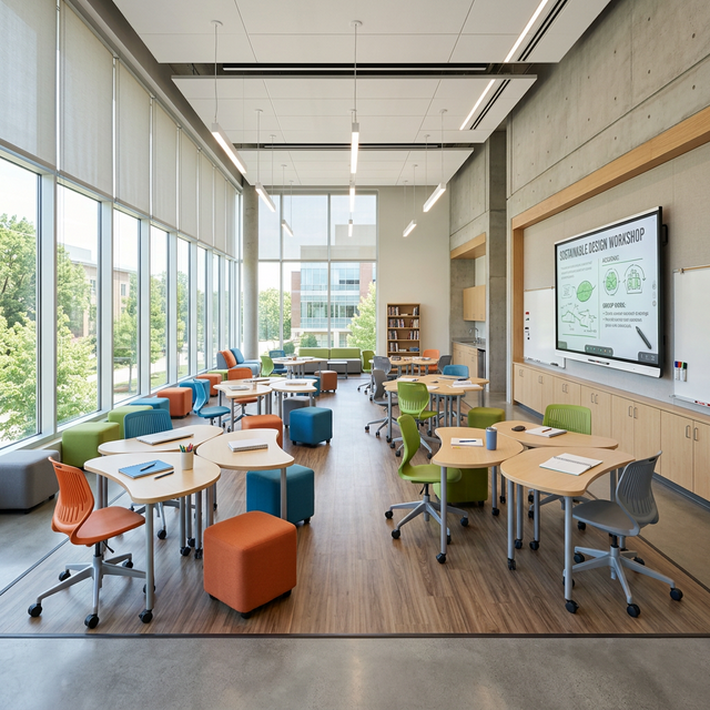 Modern educational classroom with collaborative furniture