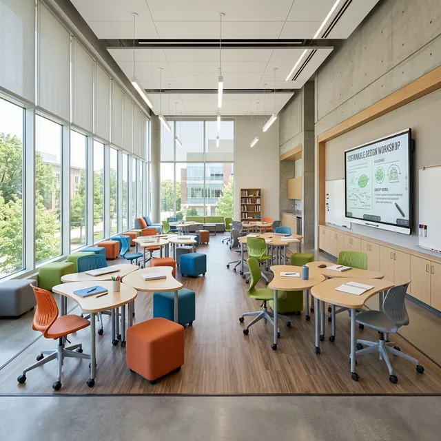 Modern educational classroom with collaborative furniture