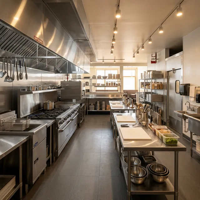 Modern commercial kitchen with professional equipment